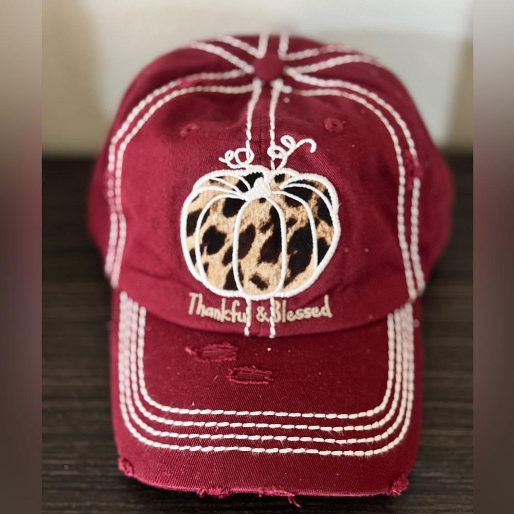 Red Thankful & Blessed Cap with Pumpkin Design